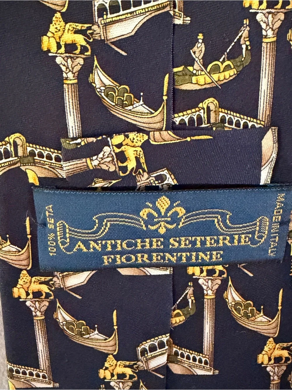 Vintage Italian Venice Gondola Scenic Necktie Navy Gold Novelty 100% Silk Tie
